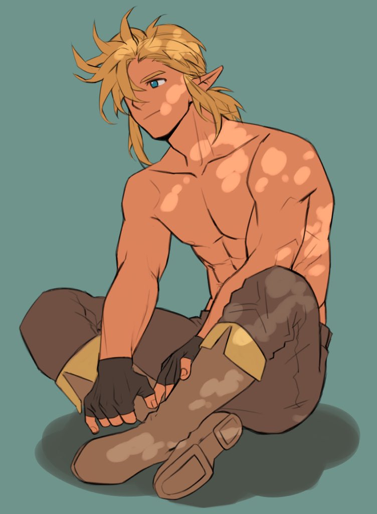 1boy abs blonde_hair blue_eyes boots chest collarbone fingerless_gloves full_body gloves link male_focus medium_hair one_eye_covered pants pointy_ears shirtless sitting smile solo the_legend_of_zelda youchi123