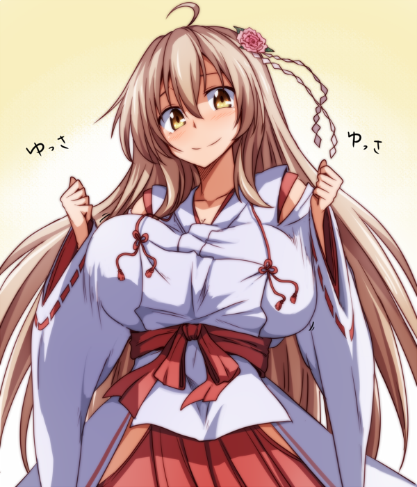 1girl ahoge blush bouncing_breasts breasts character_request clenched_hands closed_mouth cowboy_shot hair_between_eyes hair_ornament hakama hip_vent japanese_clothes large_breasts light_brown_hair long_hair looking_at_viewer miko ribbon-trimmed_sleeves ribbon_trim runaru sennen_sensou_aigis smile solo very_long_hair wide_sleeves yellow_eyes