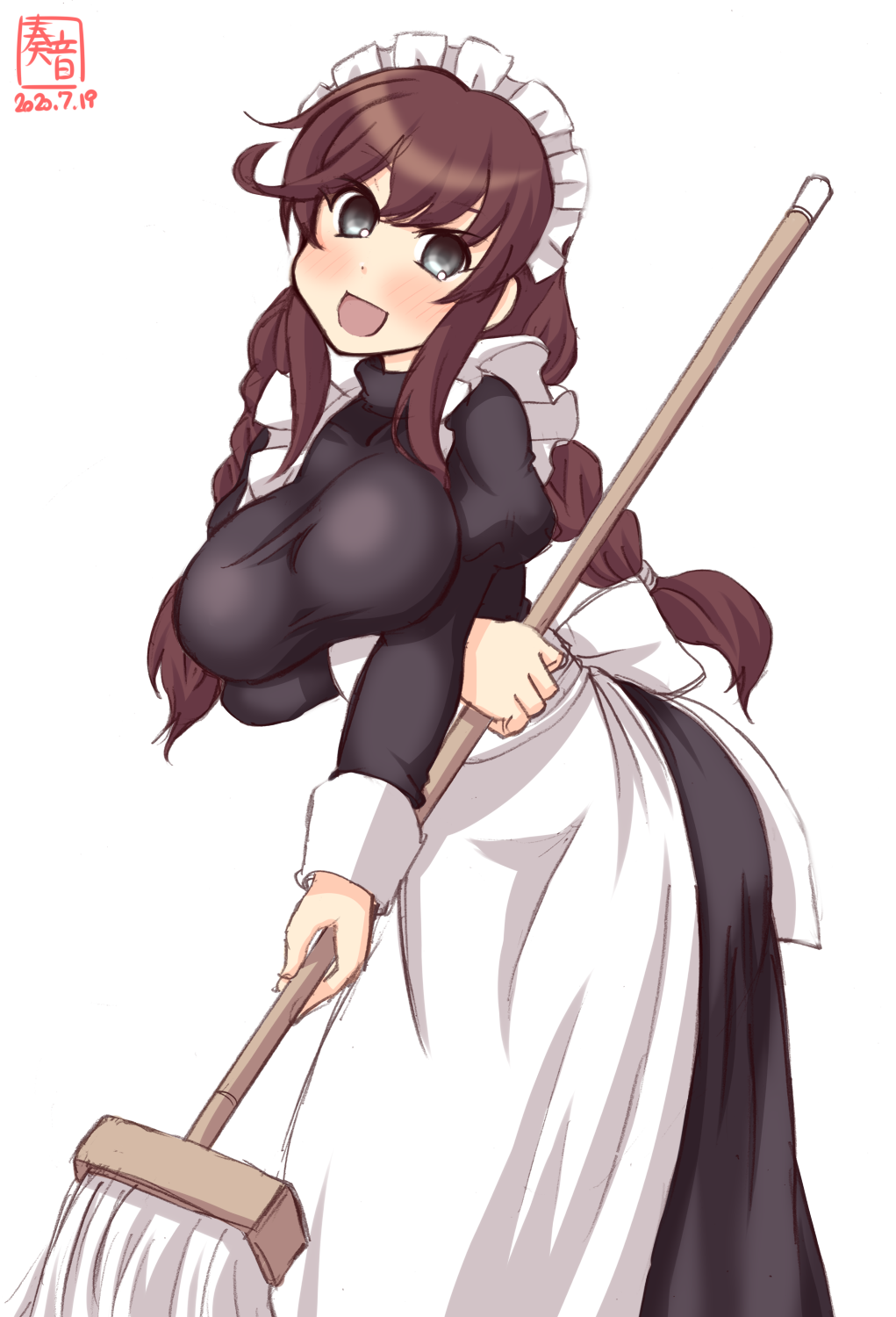 1girl alternate_costume apron artist_logo bangs black_dress braid breasts brown_hair commentary_request cowboy_shot dated dress enmaided green_eyes highres kanon_(kurogane_knights) kantai_collection large_breasts leaning_forward looking_at_viewer maid maid_headdress mop noshiro_(kantai_collection) simple_background smile solo swept_bangs twin_braids waist_apron white_apron white_background