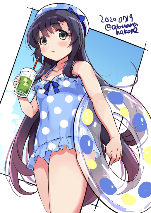 1girl alternate_costume black_hair blue_ribbon blush collarbone cowboy_shot dated drinking_straw eyebrows_visible_through_hair gradient_hair green_eyes hat holding_drink innertube kantai_collection long_hair matsuwa_(kantai_collection) multicolored_hair odawara_hakone parted_lips polka_dot_headwear ribbon sailor_hat solo twitter_username