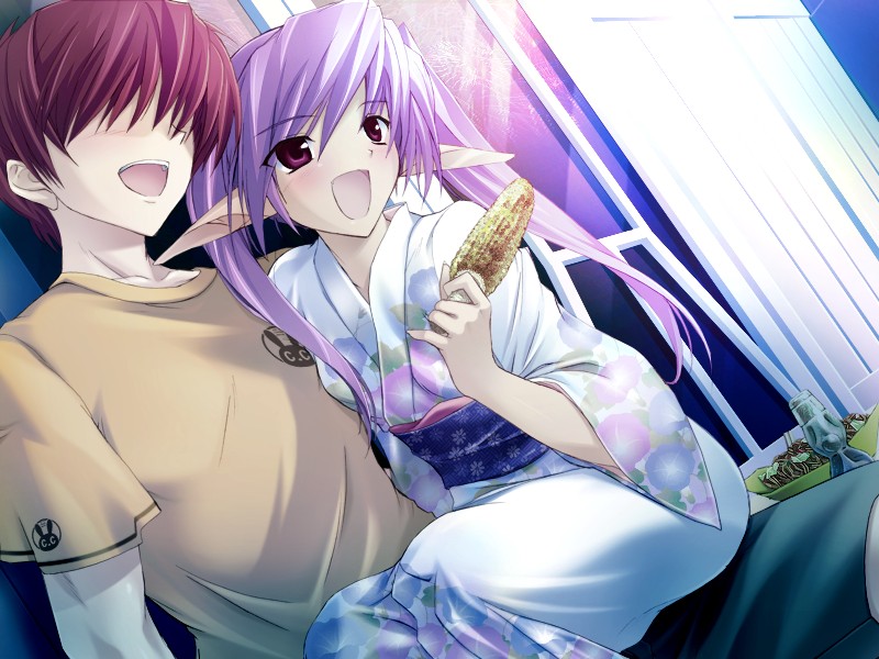 alice_soft corn date elf faceless faceless_male festival game_cg happy japanese_clothes kimono onigirikun open_mouth pastel_chime pastel_chime_continue phil_ehart pointy_ears purple_hair red_eyes sitting sitting_on_lap sitting_on_person smile yukata