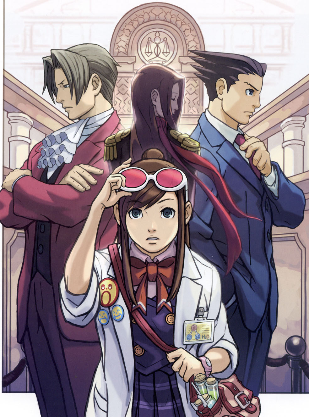 ace_attorney ema_skye glasses gyakuten_saiban highres houdzuki_akane houzuki_akane houzuki_tomoe labcoat lana_skye miles_edgeworth mitsurugi_reiji naruhodou_ryuuichi official_art phoenix_wright