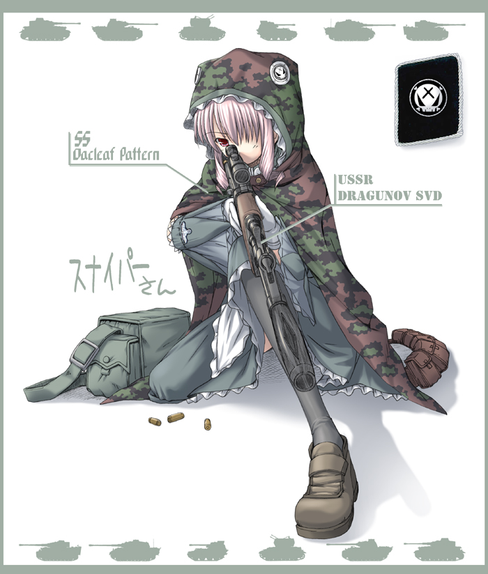 1girl blanket camouflage combat_maid dragunov_svd gun maid nomura_teruya original pouch rifle shell_casing sniper_rifle tagme tank thighhighs weapon