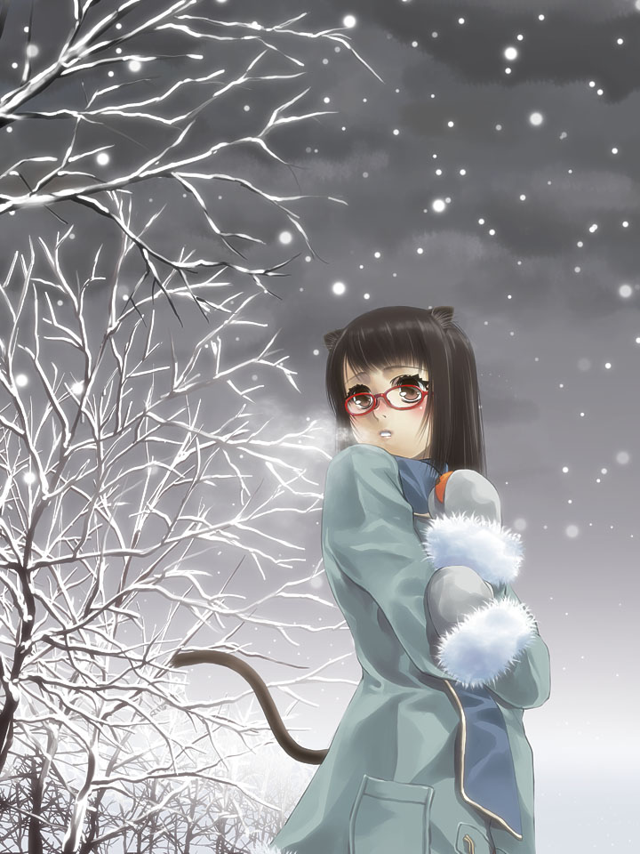 asaki_takayuki breath cat_ears coat mittens original snow snowing tail