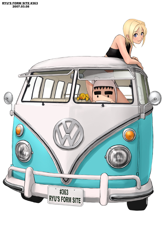 blue_eyes bus duck halter halterneck motor_vehicle original ryu_(artist) short_hair skirt smile tank_top van vehicle volkswagen