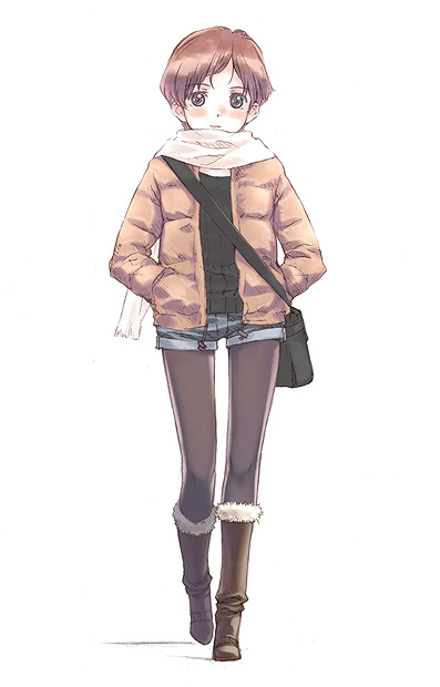 coat denim denim_shorts legwear_under_shorts nyaou original pantyhose purse scarf shorts