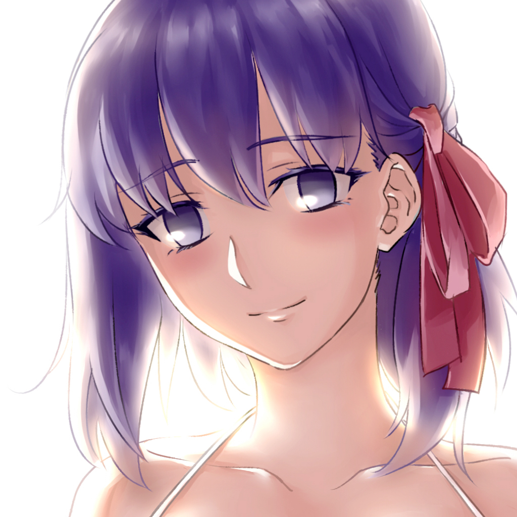 1girl backlighting bangs closed_mouth collarbone eyebrows_visible_through_hair fate/stay_night fate_(series) hair_between_eyes hair_ribbon halterneck looking_at_viewer matou_sakura no_pupils pink_ribbon portrait purple_hair ribbon rna_(angel-smelter) short_hair simple_background smile solo violet_eyes white_background
