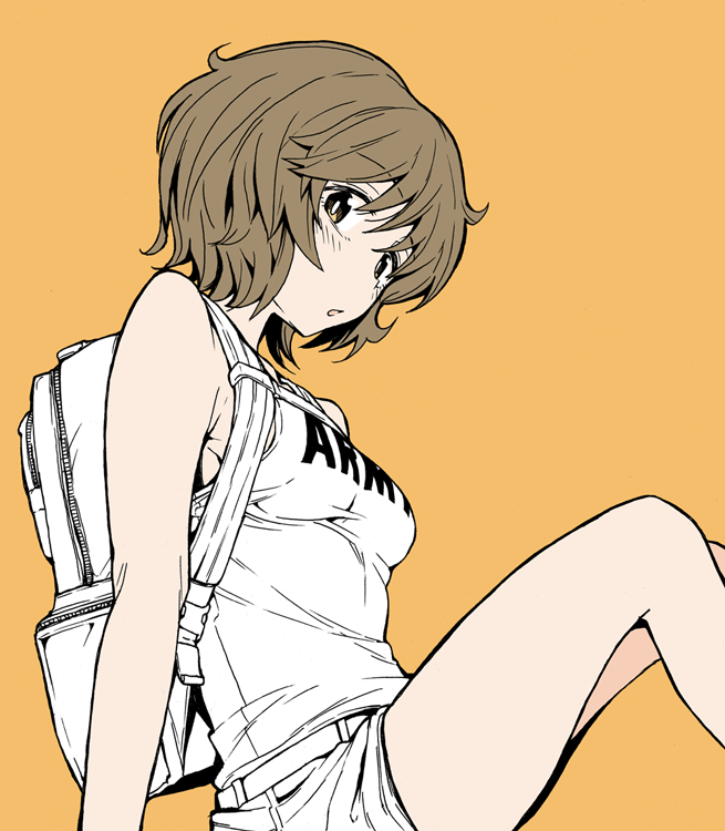 1girl akiyama_mio aokaze_(mimi_no_uchi) armpit_peek backpack bag bangs belt breasts brown_hair chest_strap facing_to_the_side girls_und_panzer looking_at_viewer medium_breasts open_mouth short_hair shorts sitting solo uncolored yellow_background
