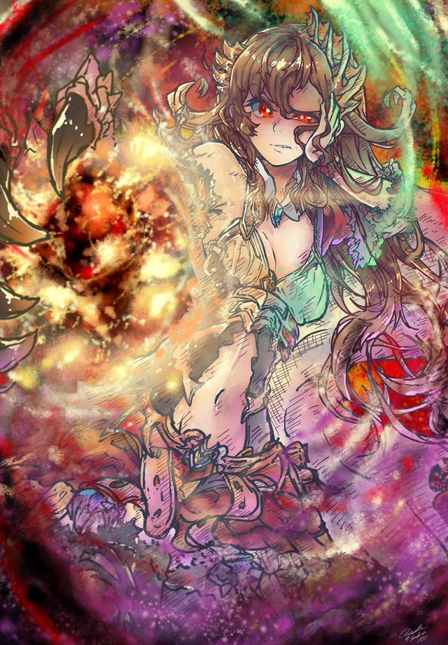 1girl breasts brown_hair claws collar dragon_claw fire frills galmieux_omen_of_disdain long_hair looking_at_viewer navel navel_cutout red_eyes scales scowl skirt small_breasts