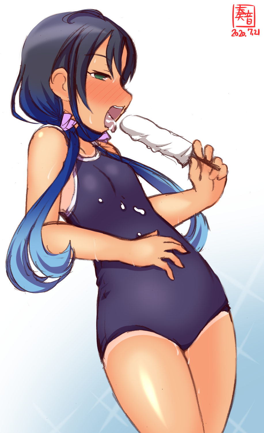1girl artist_logo black_hair blue_hair blue_swimsuit breasts commentary_request competition_school_swimsuit dated food gradient gradient_background gradient_hair green_eyes highres kanon_(kurogane_knights) kantai_collection long_hair low_twintails multicolored_hair one-piece_tan open_mouth popsicle school_swimsuit sexually_suggestive small_breasts solo suzukaze_(kantai_collection) swimsuit tan tanline twintails white_background