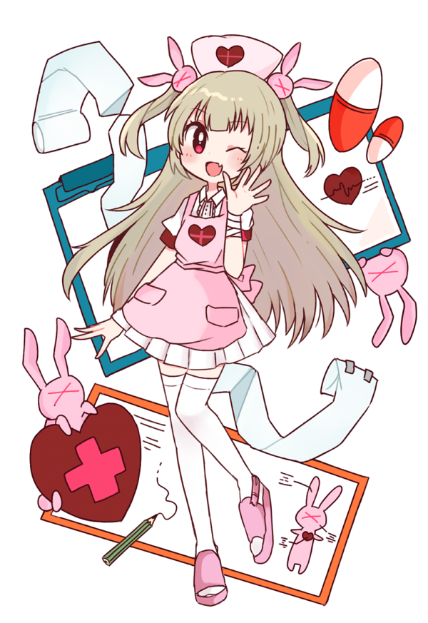 &gt;_&lt; 1girl ;d apron armband bandaged_arm bandaged_wrist bandages bangs blush bunny_hair_ornament cardiogram clipboard commentary_request dress eyebrows_visible_through_hair fang full_body hair_ornament hat heart light_brown_hair long_hair looking_at_viewer mikan_(mikabe) natori_sana nurse_cap one_eye_closed open_mouth open_toe_shoes pencil pill pink_apron pink_headwear puffy_short_sleeves puffy_sleeves rabbit sana_channel short_sleeves simple_background skin_fang smile spread_fingers standing standing_on_one_leg thigh-highs two_side_up virtual_youtuber waving white_dress white_legwear whiteboard zettai_ryouiki