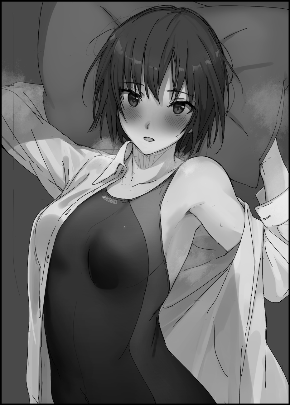 1girl amagami armpits arms_behind_head bangs bare_shoulders black_border black_hair blush border breasts breath collarbone competition_swimsuit dress_shirt greyscale hair_between_eyes hair_strand highres holding holding_pillow long_sleeves looking_at_viewer medium_breasts messy_hair mobu monochrome nanasaki_ai off_shoulder one-piece_swimsuit open_clothes open_mouth pillow shirt short_hair solo swimsuit swimsuit_under_clothes unbuttoned undressing upper_body