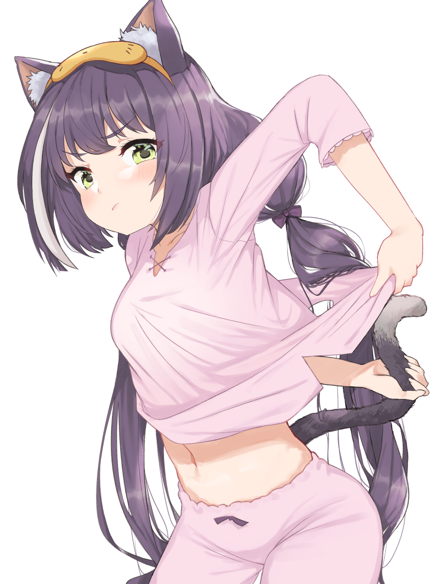 1girl animal_ear_fluff animal_ears black_hair blush cat_ears cat_tail eye_mask green_eyes highres inconvenient_tail karyl_(princess_connect!) leaning_forward lifted_by_self long_hair low_twintails navel niizuka_(c-drop) pajamas pants pink_pajamas pink_pants pink_shirt princess_connect! princess_connect!_re:dive shirt shirt_lift simple_background solo tail tail_cutout tail_hold twintails white_background