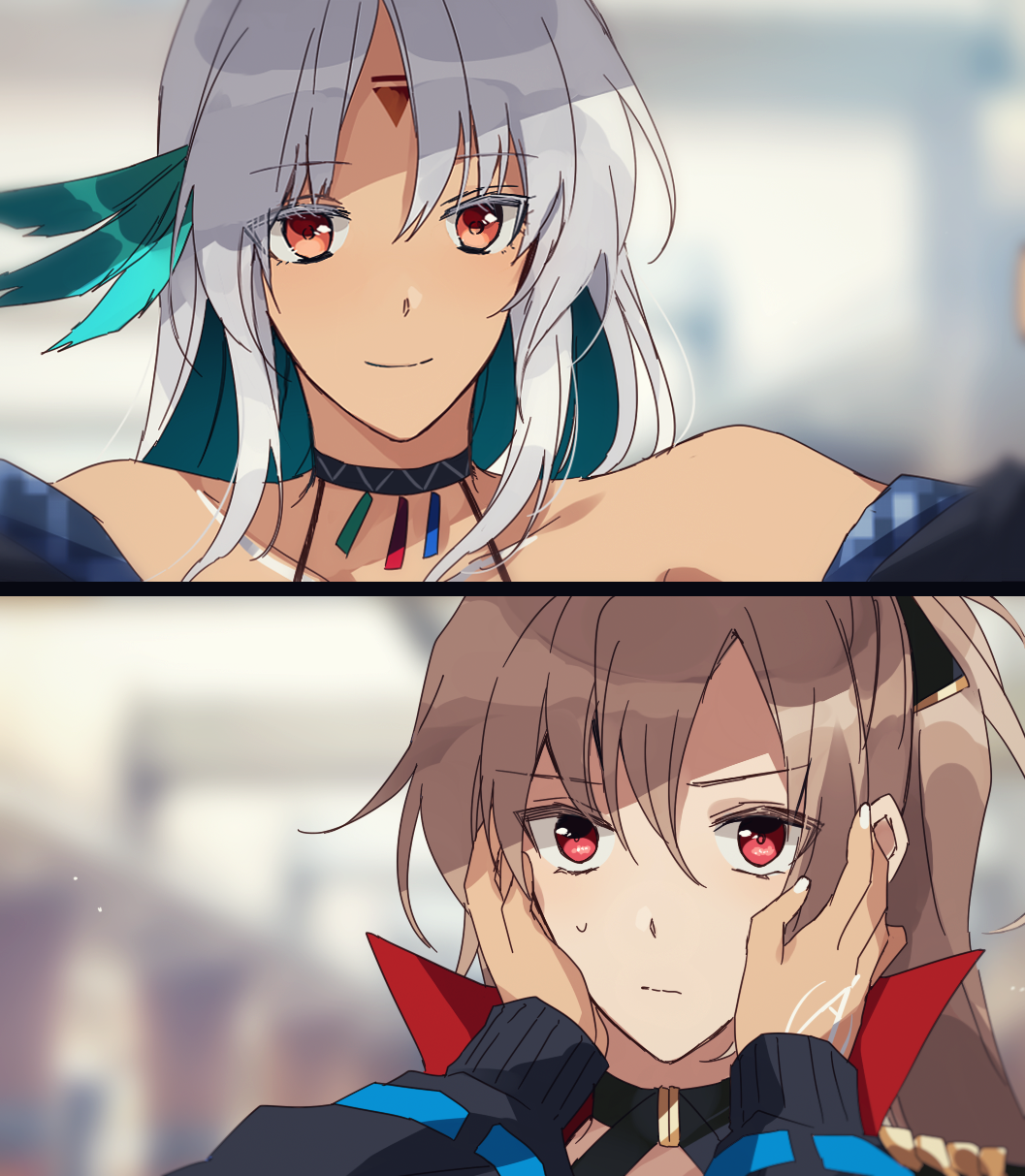 2girls amazuki_jou azur_lane body_markings bodypaint choker collarbone facial_mark feather_hair_ornament feathers forehead_mark gradient_hair green_hair hair_feathers hands_on_another's_face high_collar highres jacket jean_bart_(azur_lane) light_brown_hair long_hair massachusetts_(azur_lane) multicolored_hair multiple_girls native_american open_clothes open_jacket orange_eyes ponytail red_eyes strap two-tone_hair white_hair white_nails yuri