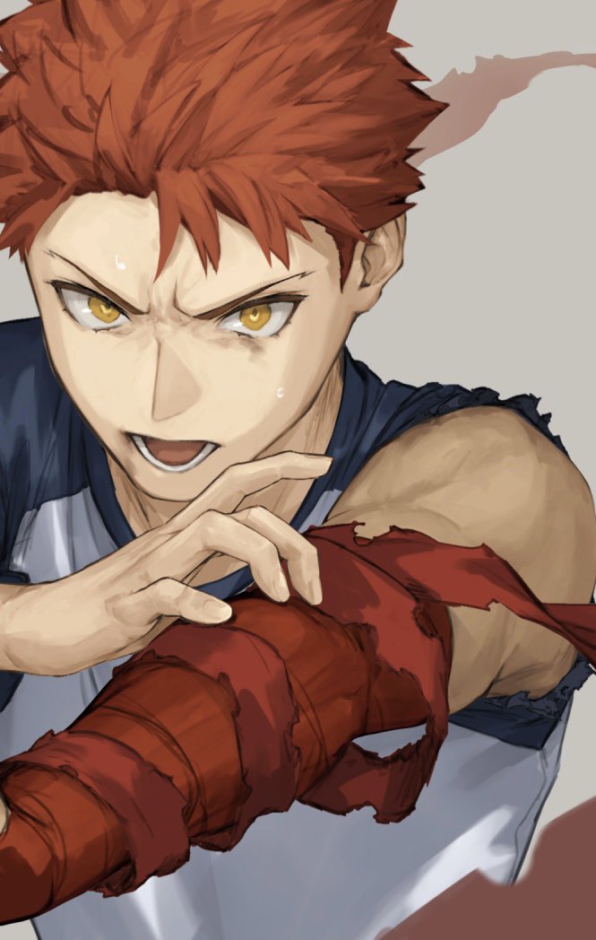 1boy bandaged_arm bandages bare_shoulders emiya_shirou face fate/stay_night fate_(series) fingernails grey_background heaven's_feel kouzuki_kei lower_teeth male_focus open_mouth orange_hair simple_background solo sweat teeth tongue torn_clothes upper_body yellow_eyes