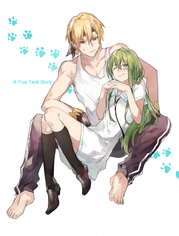 1boy 1girl arm_support barefoot black_legwear blonde_hair blush blush_stickers bolo_tie bracelet closed_mouth dress earrings enkidu_(fate/strange_fake) eyebrows_visible_through_hair fate/stay_night fate/strange_fake fate_(series) gilgamesh green_eyes green_hair hair_between_eyes hands_together headband jewelry kneehighs loafers long_hair pants paw_print purple_pants reclining red_eyes sailor_collar sensha_otoko shoes short_hair sitting smile sweatdrop tank_top track_pants waltz_(tram) white_background white_dress white_tank_top