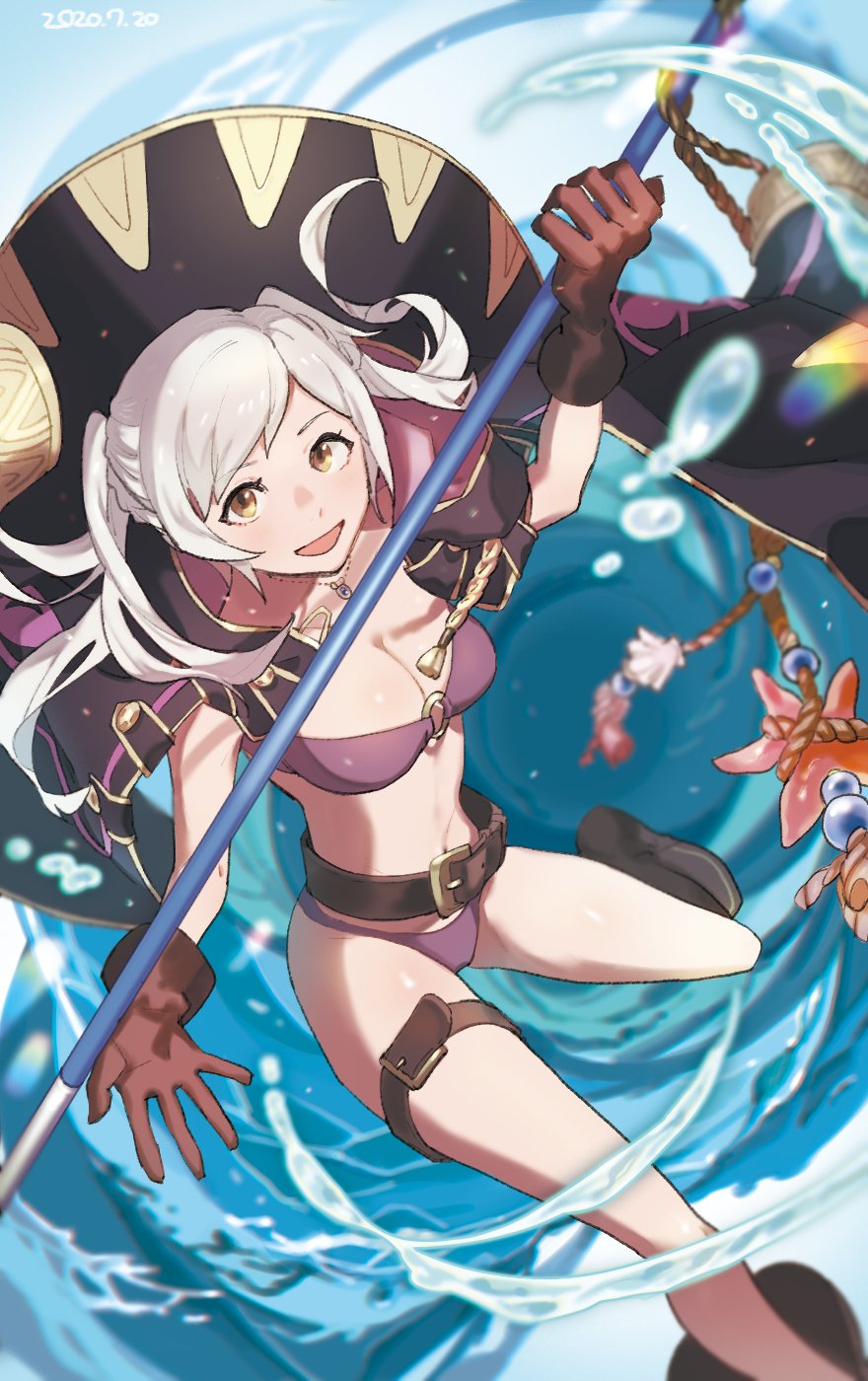 1girl belt bikini brown_eyes brown_gloves dated fire_emblem fire_emblem_awakening fire_emblem_heroes gloves highres holding jewelry necklace o-ring o-ring_bikini open_mouth polearm purple_bikini robin_(fire_emblem) robin_(fire_emblem)_(female) solo swimsuit thigh_strap tnka_3 twintails weapon white_hair