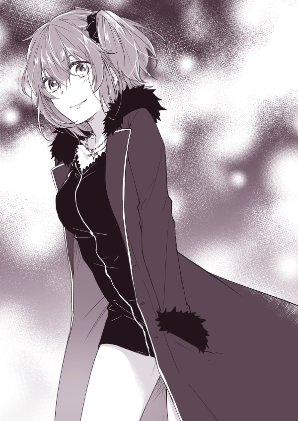 1girl bangs black_dress black_scrunchie blush closed_mouth coat cosplay cowboy_shot dress eyebrows_visible_through_hair fate/grand_order fate_(series) fujimaru_ritsuka_(female) fur_coat greyscale hair_between_eyes hair_ornament hair_scrunchie hand_in_pocket jeanne_d'arc_(alter)_(fate) jeanne_d'arc_(alter)_(fate)_(cosplay) jeanne_d'arc_(fate)_(all) jewelry long_sleeves looking_at_viewer medium_hair monochrome necklace nishinishihigas open_clothes open_coat scrunchie shiny shiny_hair short_dress smile solo standing