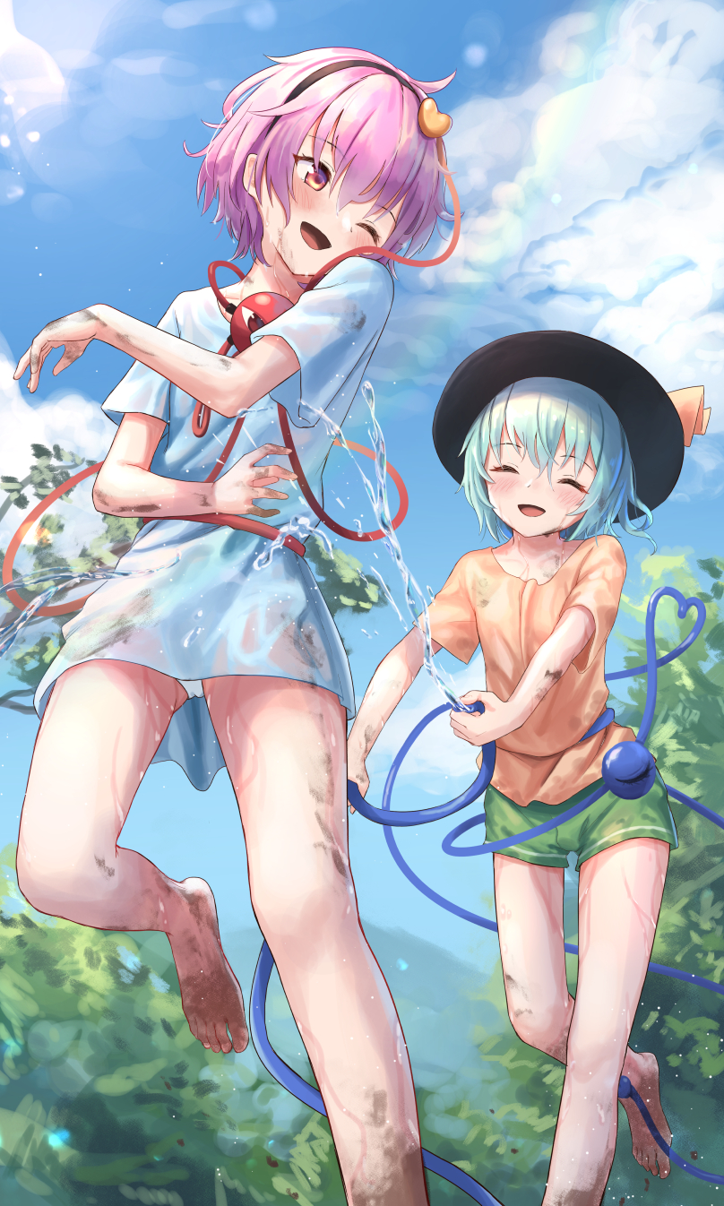 2girls barefoot blush closed_eyes clouds day dirty dirty_feet eyeball feet_out_of_frame green_hair green_shorts hairband hat hat_ribbon heart heart_of_string highres hose komeiji_koishi komeiji_satori mountainous_horizon multiple_girls one_eye_closed open_mouth panties pantyshot pink_hair rainbow red_eyes ribbon roke_(taikodon) running see-through shirt shorts siblings sisters sky third_eye touhou tree underwear water wet wet_clothes white_panties white_shirt yellow_shirt