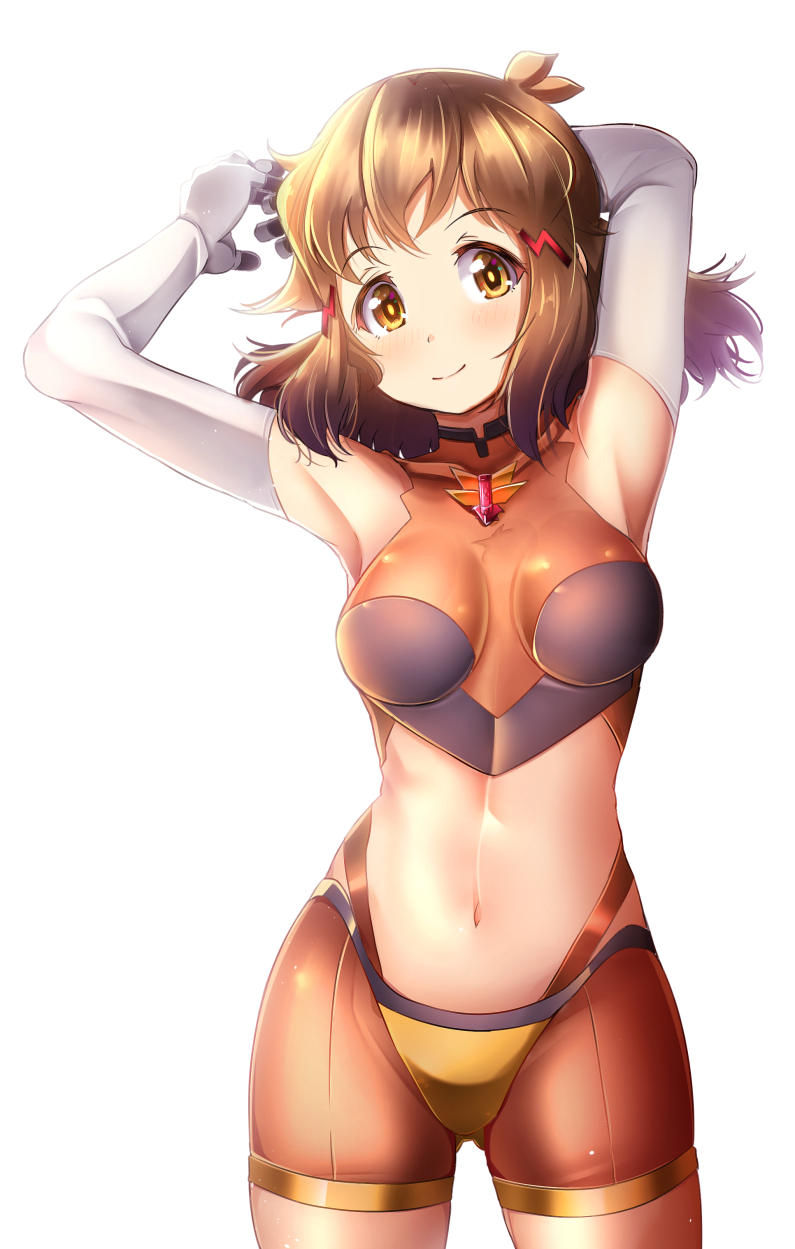 1girl armpits arms_behind_head arms_up bangs breasts brown_bodysuit brown_eyes brown_hair closed_mouth commentary_request covered_navel elbow_gloves eyebrows_visible_through_hair gloves hair_ornament hairclip highres looking_at_viewer mad_(hazukiken) medium_breasts navel scar see-through senki_zesshou_symphogear simple_background smile solo standing tachibana_hibiki_(symphogear) white_background white_gloves