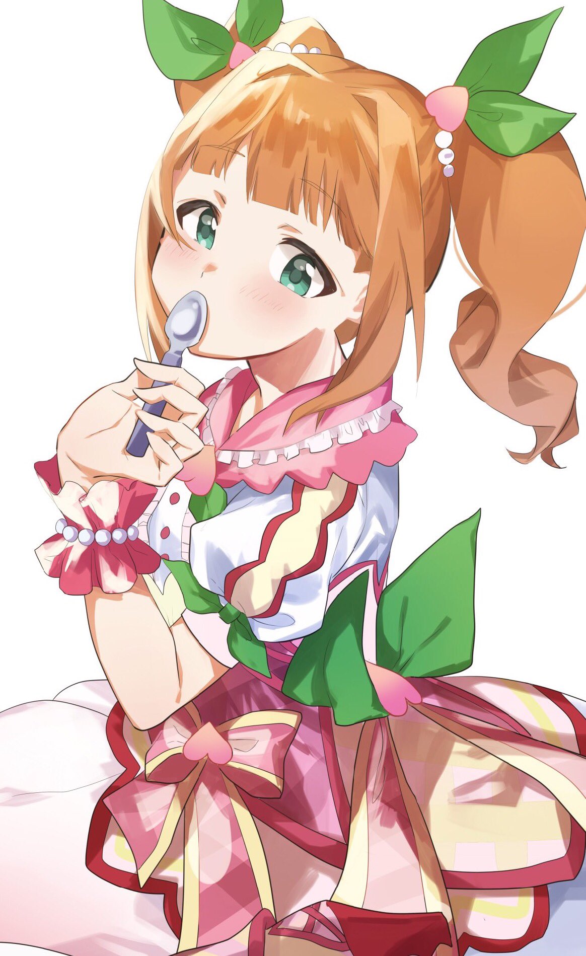 1girl bangs blush bow bow_dress bracelet collar curly_hair dress ear eyebrows_visible_through_hair facing_away flower_skirt food_themed_hair_ornament frilled_bracelet frilled_collar frilled_dress frills green_bow green_eyes hair_bobbles hair_bow hair_ornament highres holding holding_spoon idolmaster idolmaster_(classic) idolmaster_million_live! idolmaster_million_live!_theater_days jewelry katsu_(kana) looking_at_viewer orange_hair peach_hair_ornament pearl_bracelet pink_dress puffy_short_sleeves puffy_sleeves shadow short_sleeves spoon takatsuki_yayoi twintails white_background