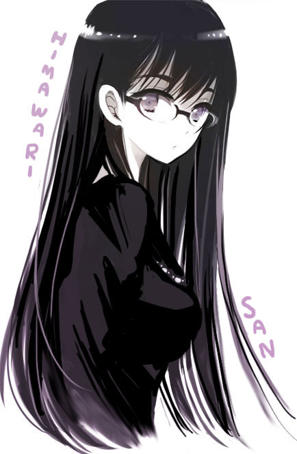 1girl bangs black-framed_eyewear black_hair black_shirt breasts character_name commentary_request copyright_name cropped_torso expressionless from_side glasses himawari-san himawari-san_(character) long_hair looking_at_viewer medium_breasts shirt solo sugano_manami violet_eyes white_background