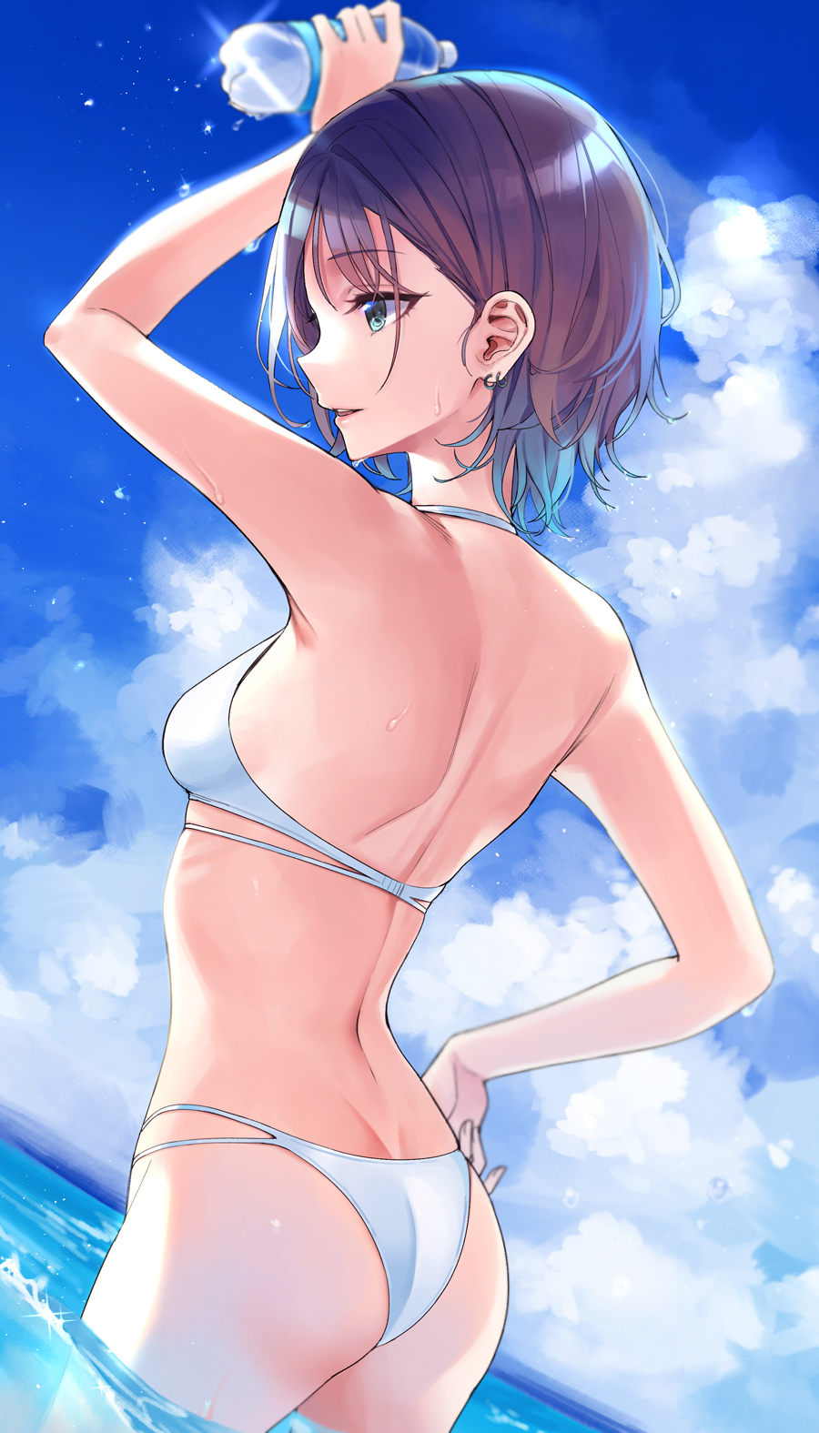 1girl arm_up asakura_tooru ass back bangs bare_arms bare_shoulders bikini blue_eyes blue_sky breasts brown_hair clouds commentary_request day earrings from_behind hand_on_hip highres holding idolmaster idolmaster_shiny_colors jewelry mirei ocean outdoors short_hair sky smile solo standing swimsuit wading water water_drop wet white_bikini