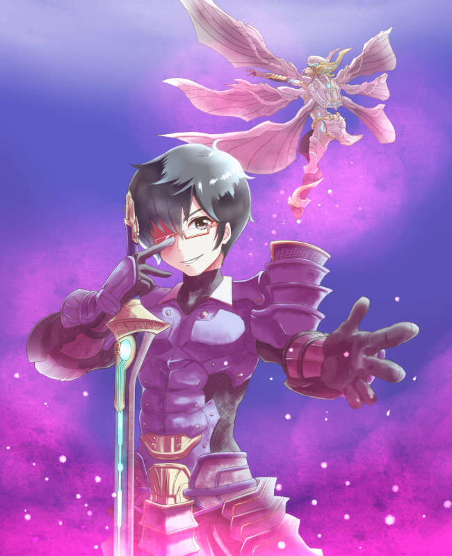 1boy 1girl adjusting_eyewear armor black_hair blue_armor cowboy_shot full_body grin holding holding_sword holding_weapon kamui_(xenoblade) purple_background ridai_(rx-78-5yori) shoulder_armor smile sword weapon wings xenoblade_(series) xenoblade_2 yoshitsune_(xenoblade)