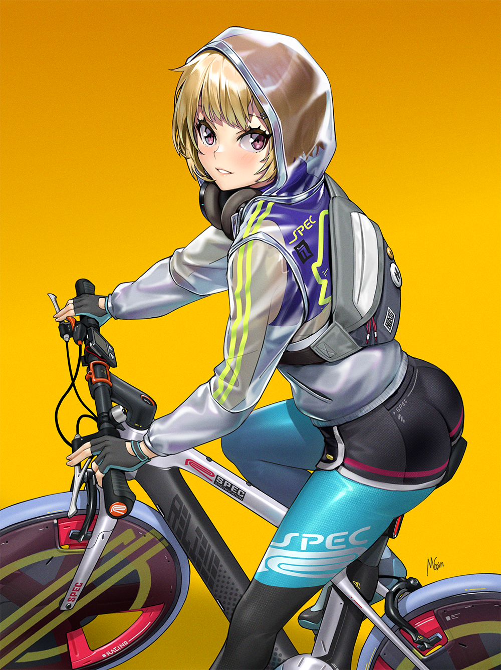 1girl ass back bicycle bike_jersey black_gloves blonde_hair blush clothes_writing commentary_request fingerless_gloves from_side gloves gradient gradient_background ground_vehicle hair_ornament hairclip headphones headphones_around_neck highres hood hood_up long_sleeves looking_at_viewer looking_to_the_side masin0201 orange_background original parted_lips see-through short_hair signature sitting skin_tight smile solo violet_eyes
