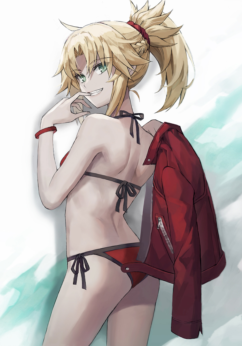 1girl ass back bangs bare_shoulders bikini blonde_hair braid breasts fate/grand_order fate_(series) french_braid green_eyes grin hair_ornament hair_scrunchie highres jacket jacket_removed jewelry long_hair looking_at_viewer looking_back mordred_(fate)_(all) mordred_(swimsuit_rider)_(fate) necklace ponytail red_bikini red_jacket red_scrunchie scrunchie sidelocks simple_background small_breasts smile solo swimsuit tail thighs tonee tongue tongue_out