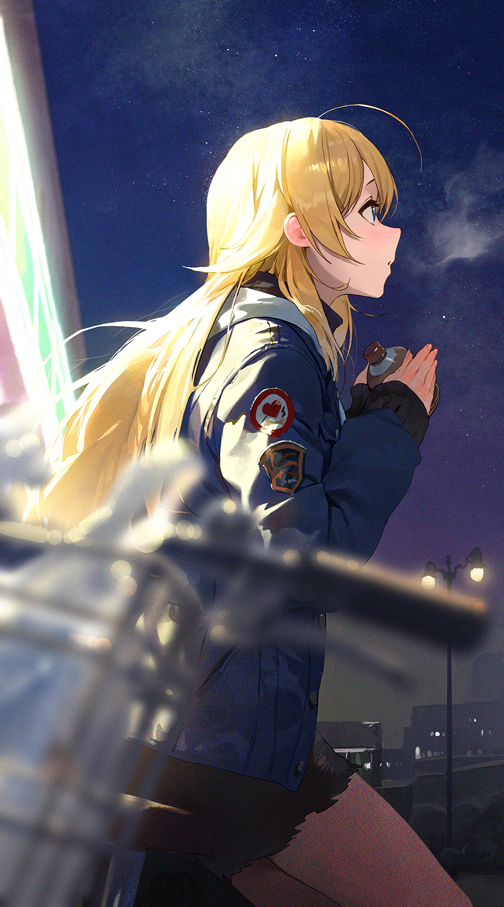 1girl ahoge bangs blonde_hair blue_jacket blurry_foreground bottle building from_side hachimiya_meguru hair_between_eyes highres holding holding_bottle idolmaster idolmaster_shiny_colors jacket long_hair mossi night night_sky outdoors sidelocks sky sleeves_past_wrists star_(sky) starry_sky