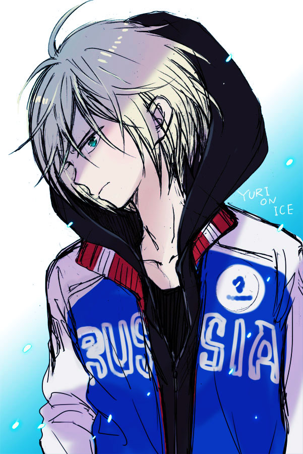 1boy black_shirt blonde_hair blue_background clothes_writing commentary copyright_name green_eyes hood hood_up hoodie jacket looking_at_viewer male_focus open_clothes open_jacket shirt sketch solo sugano_manami track_jacket two-tone_background upper_body white_background yuri!!!_on_ice yuri_plisetsky