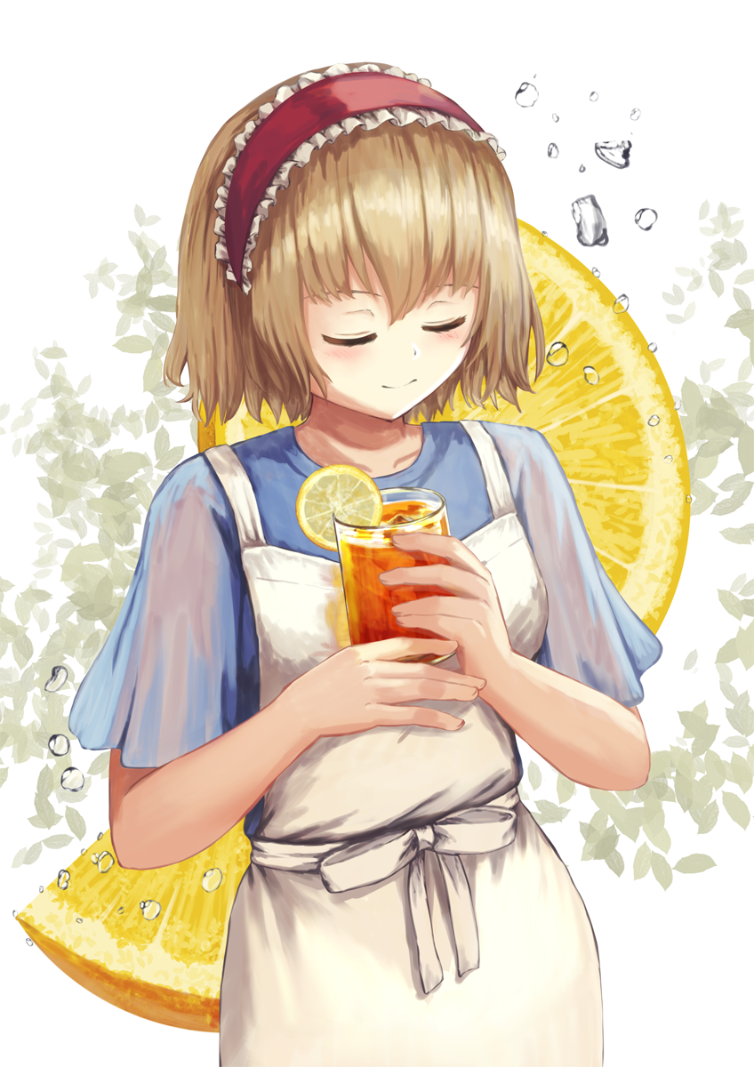 1girl alice_margatroid alternate_costume apron arms_up blonde_hair blue_shirt blurry blurry_background closed_eyes contrapposto cup drinking_glass english_commentary food fruit fruit_background hairband highres holding holding_cup iced_tea leaf leaf_background lemon lemon_slice light_blush lolita_hairband ookashippo see-through_sleeves shirt short_hair short_sleeves smile solo standing touhou upper_body water_drop