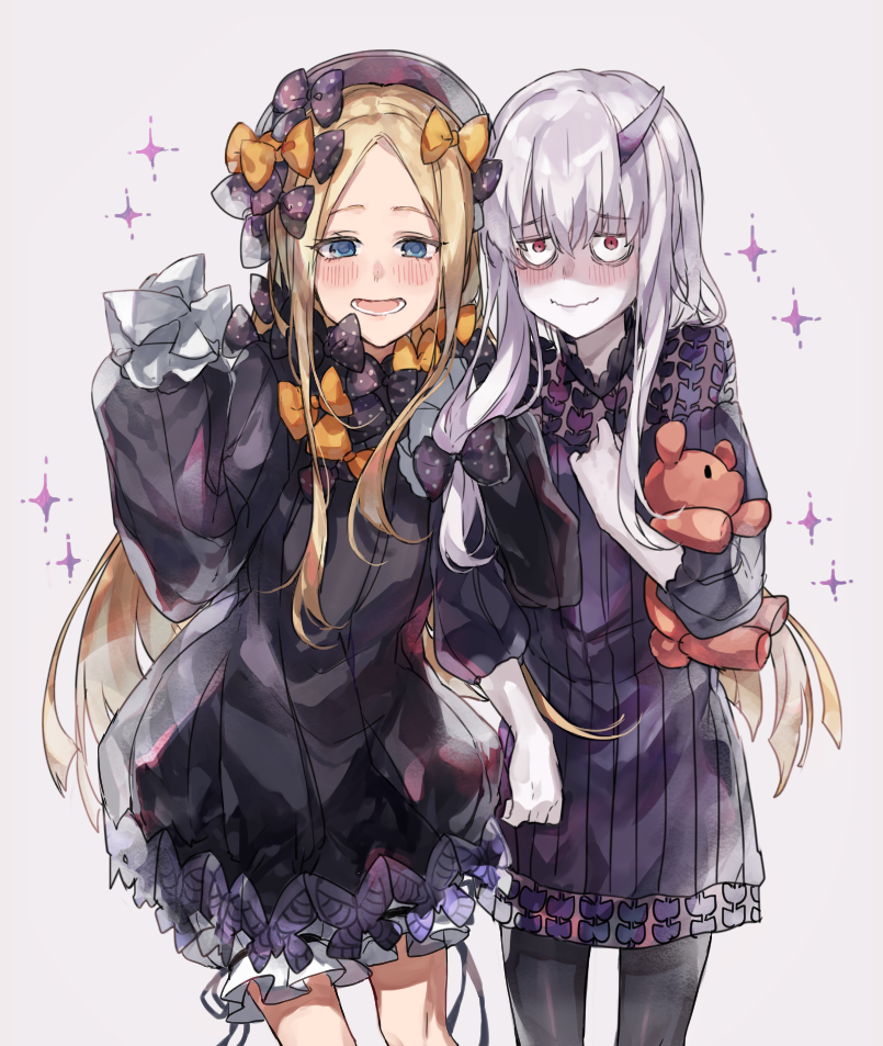 2girls :d abigail_williams_(fate/grand_order) albino bangs black_bow black_dress black_legwear blonde_hair blue_eyes bow closed_mouth cowboy_shot dress embarrassed eyebrows_visible_through_hair fate/grand_order fate_(series) hair_bow holding_toy horns lavinia_whateley_(fate/grand_order) long_hair long_sleeves multiple_girls open_mouth orange_bow pantyhose parted_bangs polka_dot polka_dot_bow purple_dress red_eyes sanpaku simple_background single_horn sleeves_past_fingers sleeves_past_wrists smile sparkle standing stuffed_animal stuffed_toy teddy_bear very_long_hair waltz_(tram) wavy_mouth white_background white_hair white_skin
