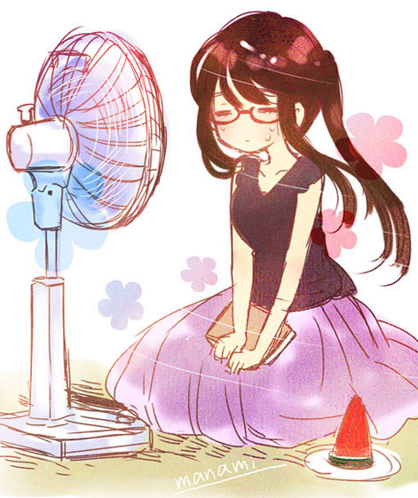 1girl bangs black-framed_eyewear black_hair black_shirt book breasts closed_eyes commentary_request electric_fan fanning_self food fruit full_body glasses himawari-san himawari-san_(character) holding holding_book hot kneeling long_hair long_skirt medium_breasts plate purple_skirt shirt signature sketch skirt solo sugano_manami sweat watermelon white_background