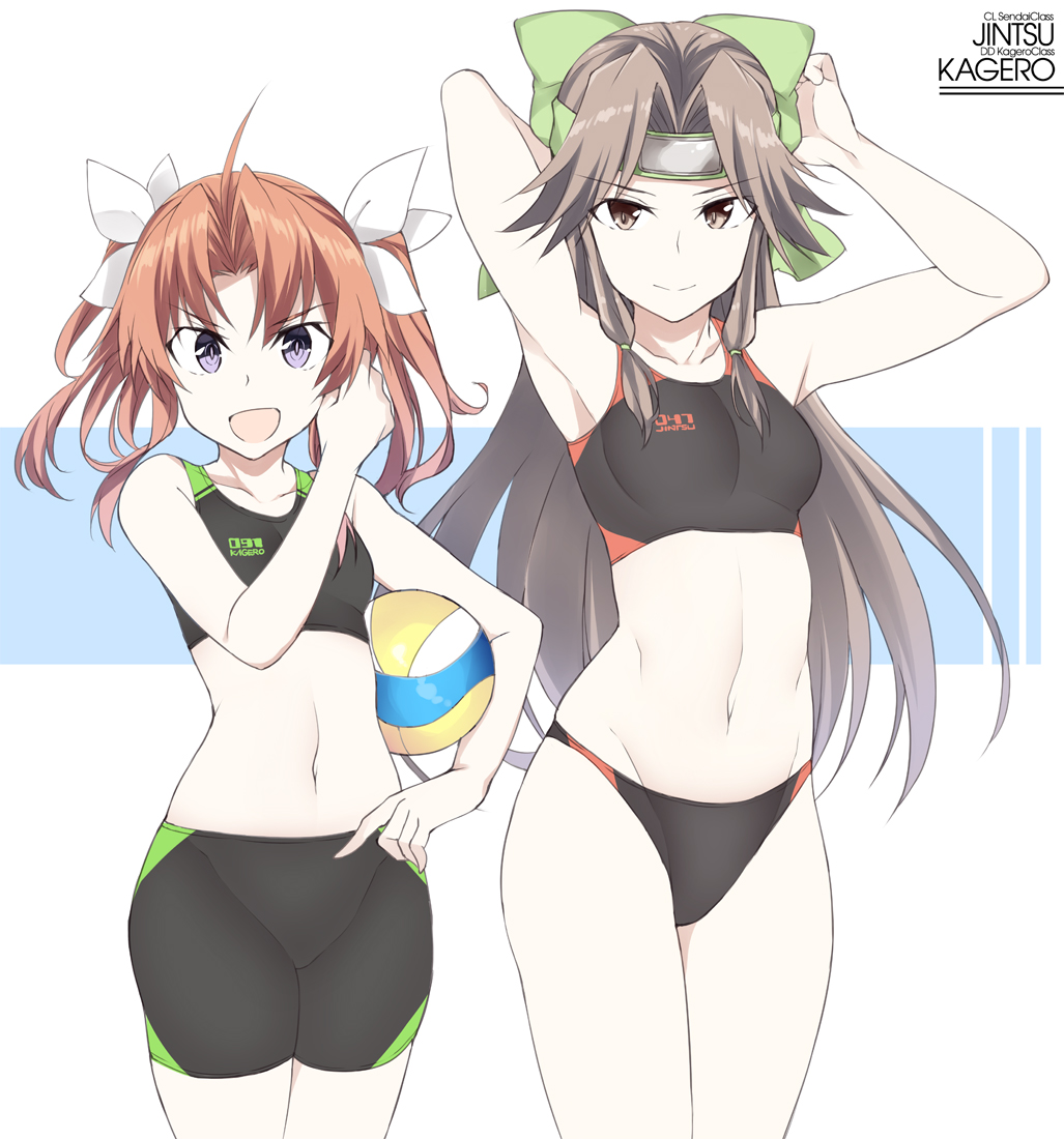 2girls :d alternate_costume ball breasts brown_eyes brown_hair character_name clothes_writing collarbone cowboy_shot eyebrows_visible_through_hair groin hair_intakes hair_rings half_updo jintsuu_(kantai_collection) kagerou_(kantai_collection) kantai_collection long_hair multiple_girls navel open_mouth remodel_(kantai_collection) ribbon small_breasts smile souji sports_bikini sportswear twintails v-shaped_eyebrows violet_eyes volleyball white_ribbon