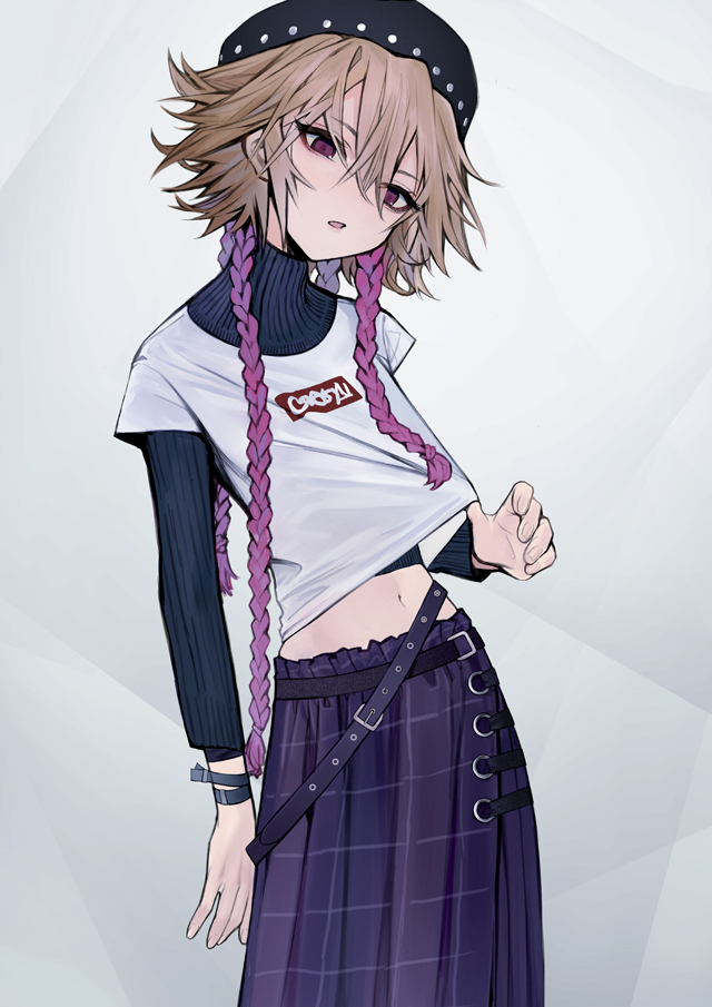 1girl bag braid brown_hair crop_top eyebrows_visible_through_hair hair_between_eyes handbag idolmaster idolmaster_cinderella_girls long_sleeves messy_hair mgg_(x_arte) multicolored_hair navel ninomiya_asuka parted_lips purple_hair purple_skirt quad_braids shirt_lift skirt solo two-tone_hair violet_eyes