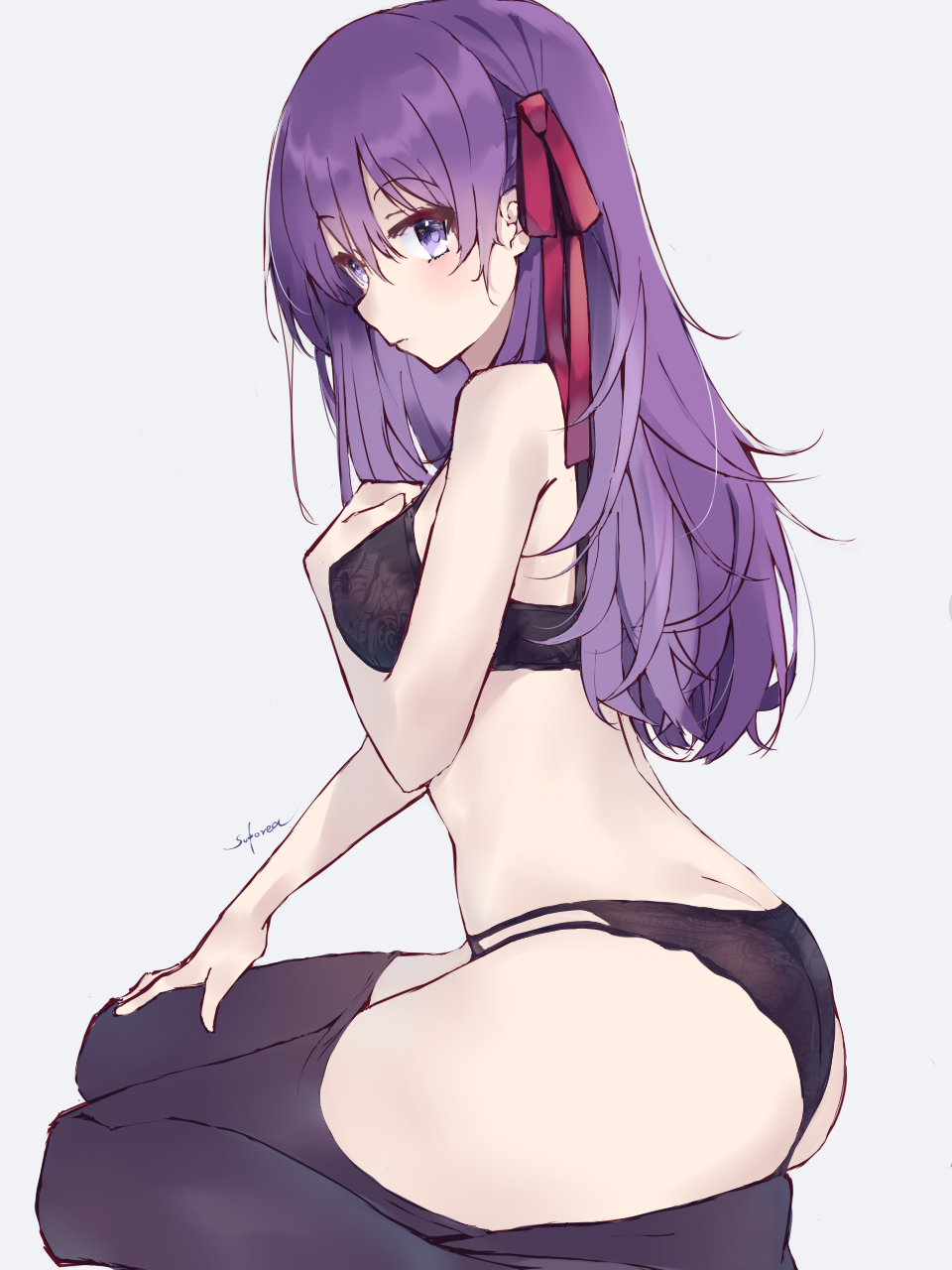 1girl ass bangs black_bra black_legwear black_panties blush bra breasts closed_mouth commentary dimples_of_venus eyebrows_visible_through_hair fate/stay_night fate_(series) from_side grey_background hair_between_eyes hair_ribbon hand_on_own_chest hand_on_own_thigh highres kneeling long_hair looking_at_viewer looking_to_the_side matou_sakura panties red_ribbon ribbon signature simple_background small_breasts solo sutorea thigh-highs underwear underwear_only upper_body violet_eyes