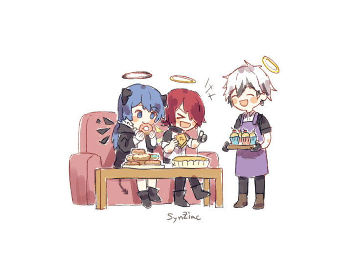 1boy 2girls adnachiel_(arknights) apple_pie apron arknights artist_name couch cupcake demon_horns demon_tail doughnut eating energy_wings exusiai_(arknights) fingerless_gloves food gloves halo horns mostima_(arknights) multiple_girls syn_doktah table tail thumbs_up tray