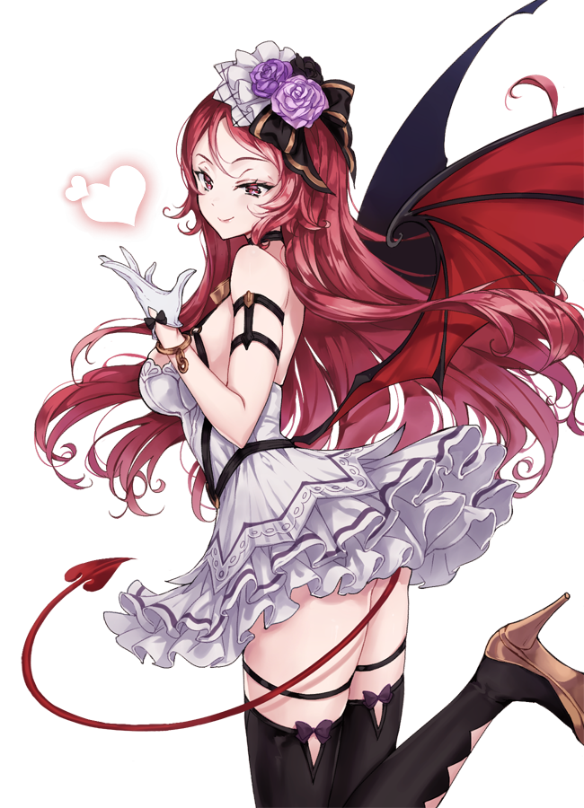 1girl bare_shoulders bat_wings black_bow black_legwear bow breasts epis flower gloves heart heart_tail high_heels king's_raid large_breasts long_hair mieux0_0 red_eyes redhead simple_background smile solo tail thigh-highs white_background wings