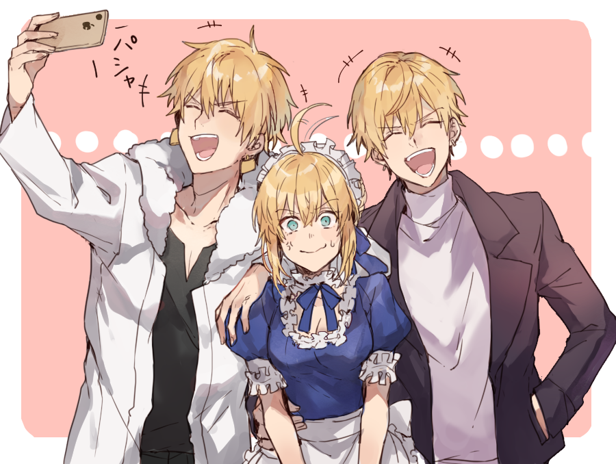 +++ 1girl 2boys :d ahoge alternate_costume anger_vein apron artoria_pendragon_(all) black_jacket black_shirt blonde_hair blue_dress blue_neckwear blue_ribbon cellphone closed_eyes closed_mouth coat dress dual_persona earrings enmaided eyebrows_visible_through_hair fate/stay_night fate_(series) gilgamesh green_eyes hand_in_pocket holding holding_phone jacket jewelry laughing lock long_sleeves looking_at_viewer maid maid_apron maid_dress maid_headdress multiple_boys neck_ribbon open_clothes open_coat open_mouth padlock phone puffy_short_sleeves puffy_sleeves ribbon saber self_shot shirt short_sleeves smartphone smile sweat sweatdrop sweater v-neck v-shaped_eyebrows waist_apron waltz_(tram) white_apron white_coat white_sweater wide-eyed