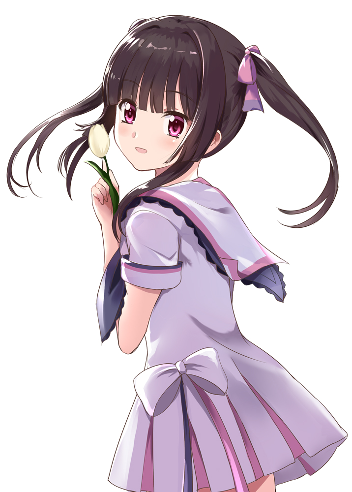 1girl :d bangs black_hair black_neckwear bow commentary_request dress eyebrows_visible_through_hair flower hair_bow hand_up holding holding_flower long_hair looking_at_viewer looking_to_the_side neckerchief open_mouth pink_bow pleated_dress rikopin sailor_collar sailor_dress senki_zesshou_symphogear simple_background smile solo tsukuyomi_shirabe tulip twintails violet_eyes white_background white_bow white_dress white_flower white_sailor_collar