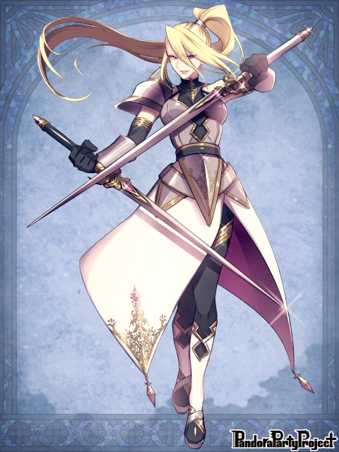 1girl armor black_gloves blue_background copyright_name dual_wielding full_body gauntlets glint gloves hair_over_one_eye holding holding_sword holding_weapon long_hair morino_bambi pandora_party_project ponytail simple_background solo standing sword weapon