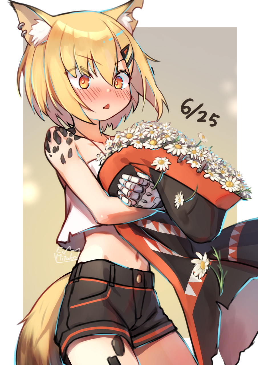 animal_ear_fluff animal_ears arknights bare_shoulders black_shorts blonde_hair blush coat coat_removed crop_top crop_top_overhang daisy dated fang flower fox_ears fox_girl fox_tail hair_ornament hairclip highres holding jewelry mechanical_arm midriff mitake_eiru navel necklace open_mouth orange_eyes ore_lesion_(arknights) originium_(arknights) prosthesis prosthetic_arm short_hair shorts skin_fang tail triangle_mouth vermeil_(arknights)