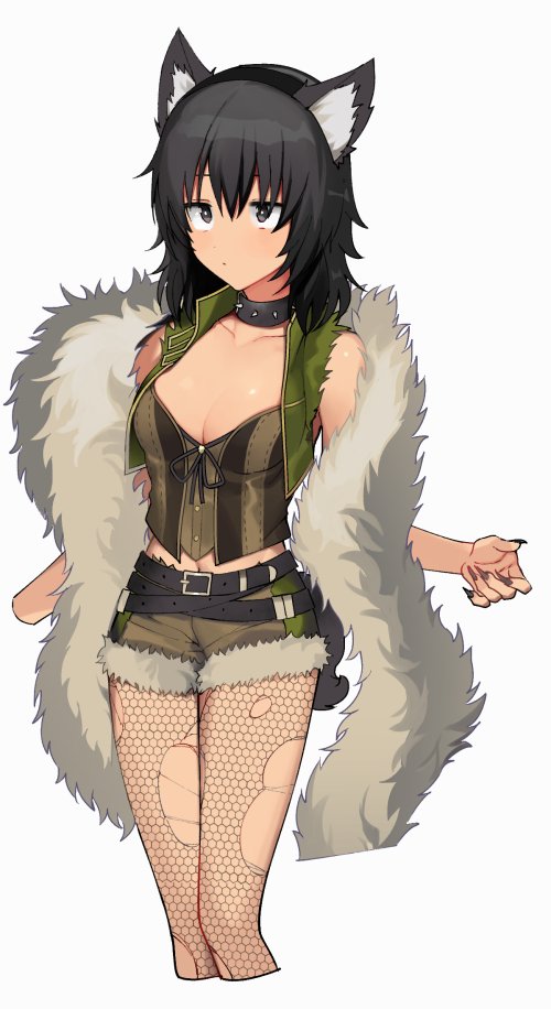 1girl alternate_costume andou_(girls_und_panzer) animal_ears bangs belt black_belt black_coat black_eyes black_hair black_legwear black_nails breasts brown_shirt coat collar commentary cropped_arms cropped_legs cutoffs dark_skin fake_animal_ears fake_tail fingernails fishnet_legwear fishnets girls_und_panzer green_jacket green_shorts halloween_costume jacket looking_to_the_side medium_breasts medium_hair messy_hair midriff navel sharp_fingernails shirt short_shorts shorts simple_background solo spiked_collar spikes standing tail tan3charge torn_clothes torn_legwear torn_sleeves white_background wolf_ears wolf_tail