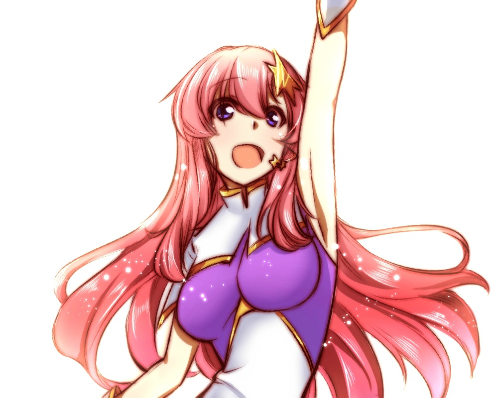 1girl :d arm_up armpits bangs breasts breasts_apart eyebrows_visible_through_hair floating_hair gundam gundam_seed gundam_seed_destiny hair_between_eyes hair_ornament long_hair medium_breasts meer_campbell microphone morihaw open_mouth pink_hair shiny shiny_hair simple_background smile solo standing star_(symbol) star_hair_ornament upper_body very_long_hair white_background