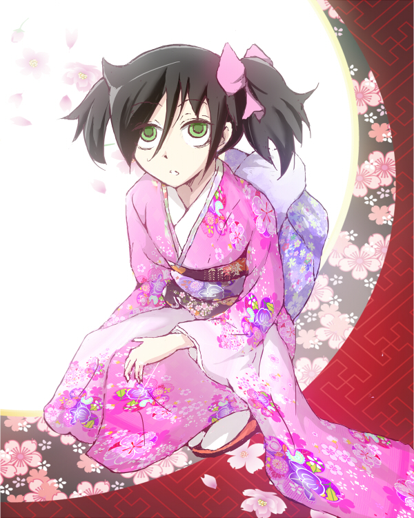 1girl alternate_costume alternate_hairstyle bags_under_eyes black_hair bow commentary_request floral_print full_body geta green_eyes hair_between_eyes hair_bow japanese_clothes k2_(skt5005) kimono kuroki_tomoko looking_at_viewer petals pink_bow pink_kimono print_kimono solo squatting tabi twintails watashi_ga_motenai_no_wa_dou_kangaetemo_omaera_ga_warui! white_legwear