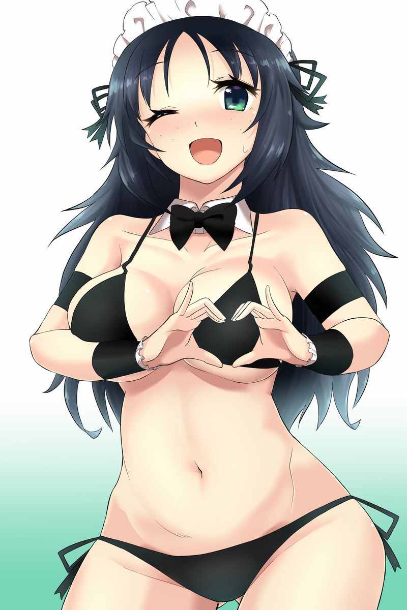 1girl ;d armlet ass_visible_through_thighs bangs bikini black_bikini black_hair black_neckwear blush bow bowtie breasts collar commentary cowboy_shot detached_collar eyebrows_visible_through_hair freckles frilled_cuffs girls_und_panzer gradient gradient_background green_background green_eyes heart heart_hands highres large_breasts long_hair looking_at_viewer maid_bikini maid_headdress nana_(manaita_koumuten) navel one_eye_closed open_mouth side-tie_bikini smile solo standing string_bikini sweatdrop swimsuit white_collar wing_collar yamagou_ayumi