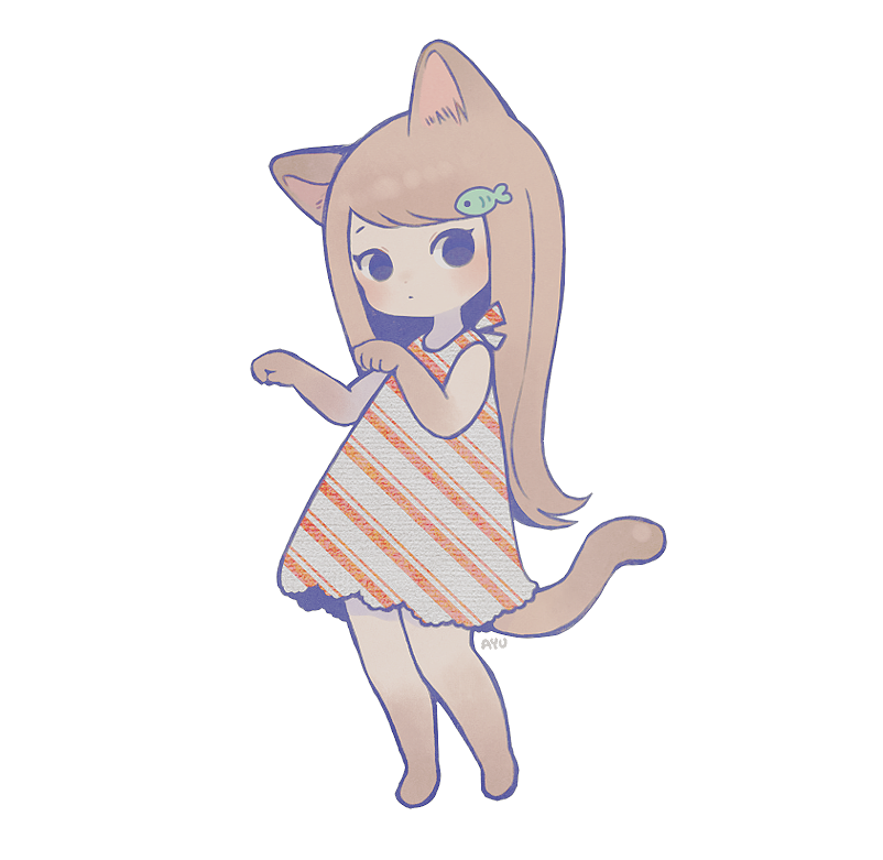 1girl animal_ears ayu_(mog) barefoot blush brown_hair cat_ears cat_tail closed_mouth dark_skin diagonal_stripes dress fish_hair_ornament full_body hair_ornament long_hair looking_at_viewer no_nose original paw_pose signature simple_background solo striped tail white_background