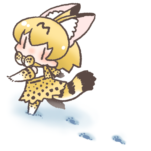 1girl animal_ear_fluff animal_ears animal_print bow bowtie chibi elbow_gloves expressionless extra_ears footprints from_behind full_body gloves inukoro_(spa) kemono_friends leg_lift looking_at_viewer looking_back lowres no_nose outdoors outstretched_arms print_bow print_gloves print_legwear print_neckwear print_ribbon print_skirt ribbon serval_(kemono_friends) serval_ears serval_print serval_tail short_hair skirt snow solo striped_tail tail walking white_background |_|